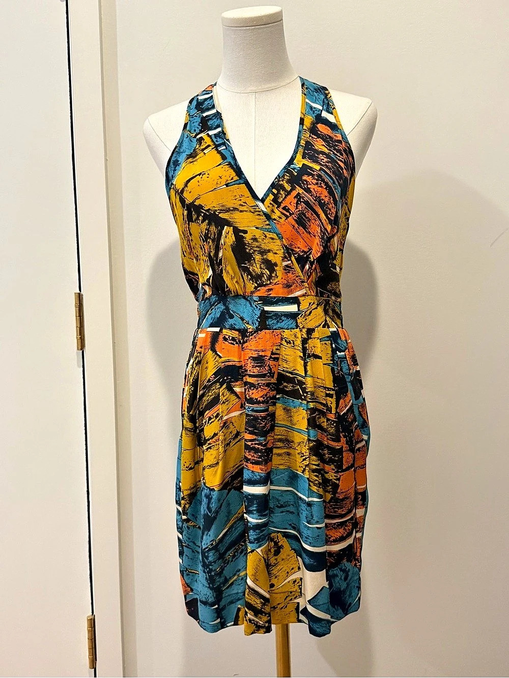 Akiko 100% Silk Abstract Print Racerback Dress Multicolor Size S
